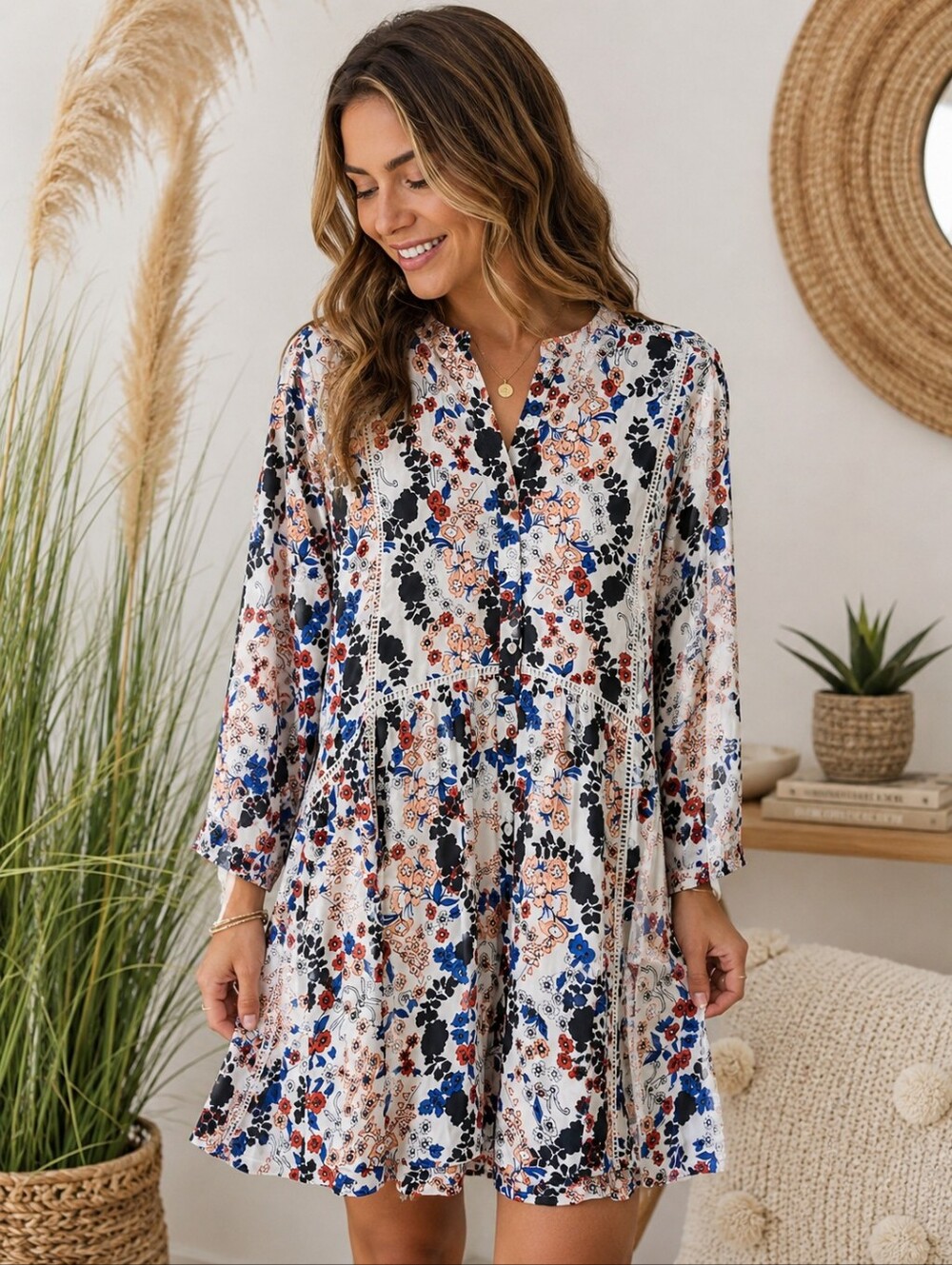 RO'S GARDEN Floral Cotton Boho Mini Dress Size L Cottagecore Resort